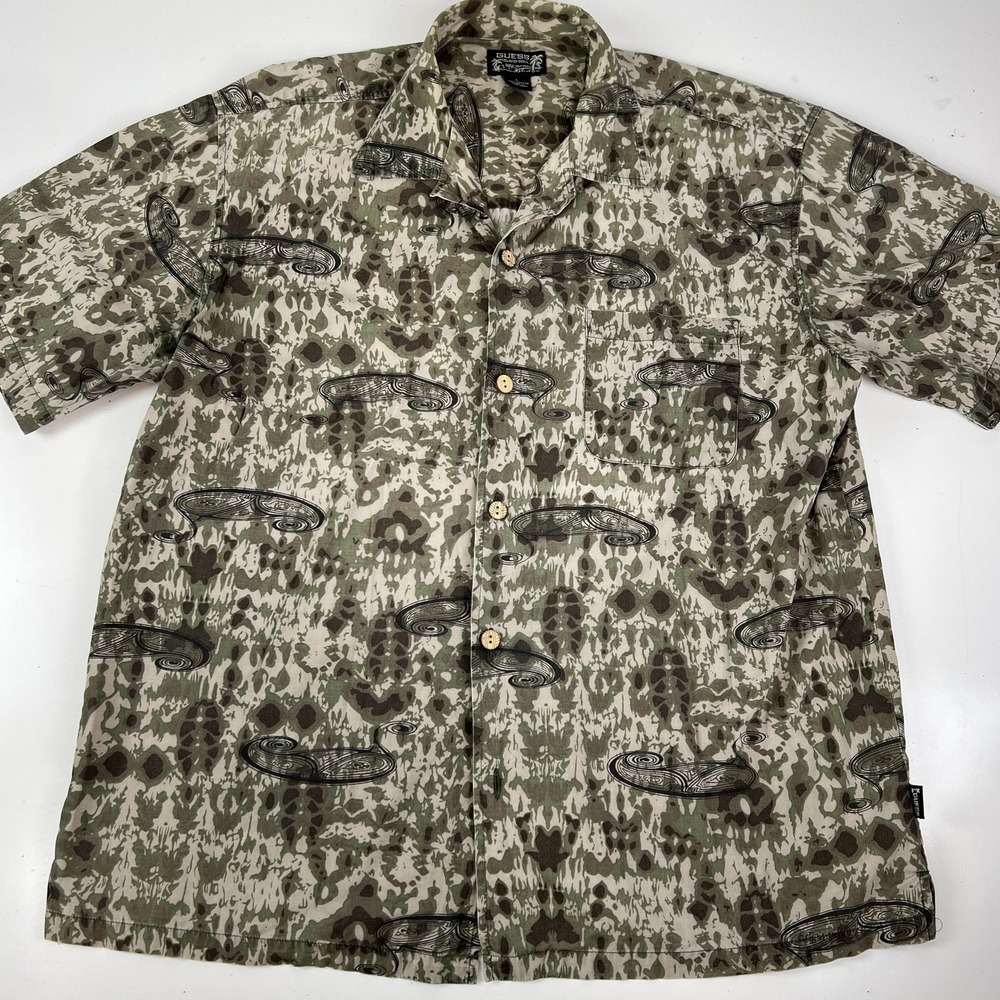 Vintage Guess USA Island Soul Hawaiian Shirt Large Green Brown Camo Trout‎ Fish